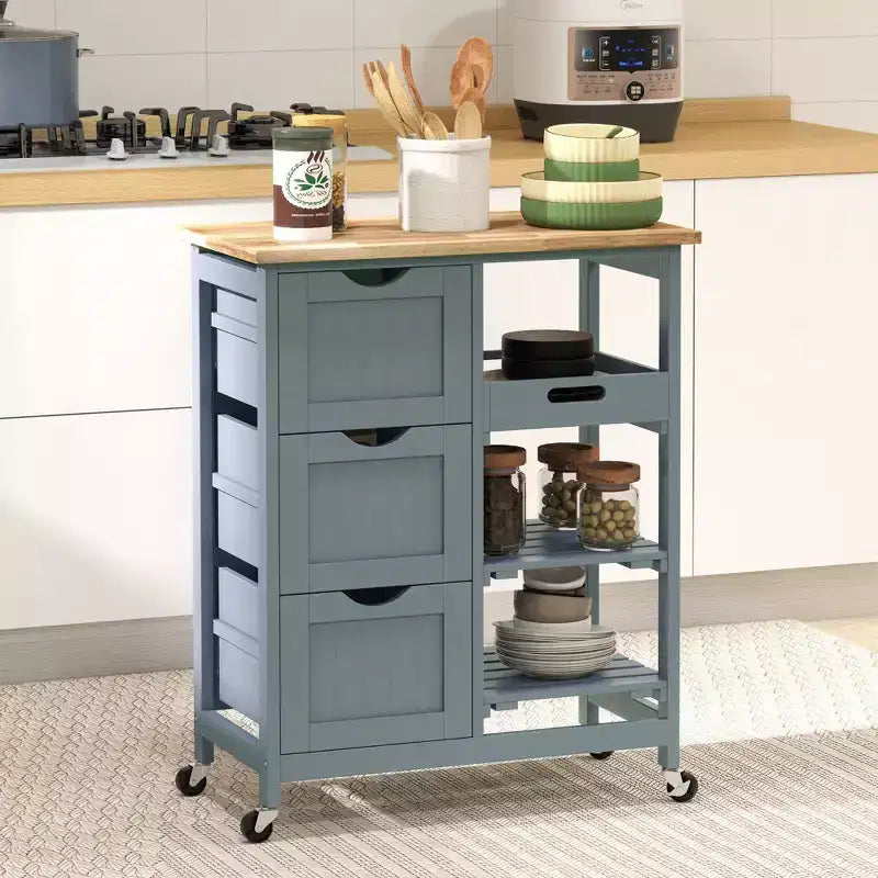 FAMYYT Îlot de cuisine gris en bois d'hévéa avec 3 tiroirs, 1 plateau de service et 2 étagères à lattes, 36,8 cm