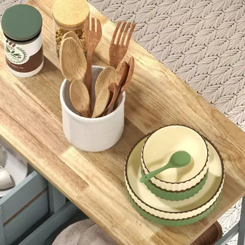 FAMYYT Îlot de cuisine gris en bois d'hévéa avec 3 tiroirs, 1 plateau de service et 2 étagères à lattes, 36,8 cm