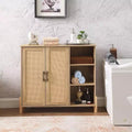 Mid-Century Storage Cabinet with Rattan Doors, Adjustable Shelves, Open Shelves, Boho Accent Cabinet for Living Room, Entryway - Panipeachy