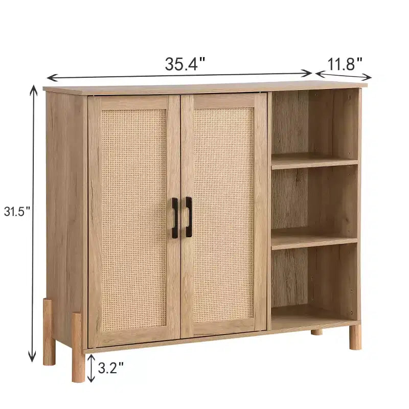Meuble de rangement Mid-Century avec portes en rotin, étagères réglables, étagères ouvertes, meuble d'appoint Boho pour salon, entrée - Panipeachy