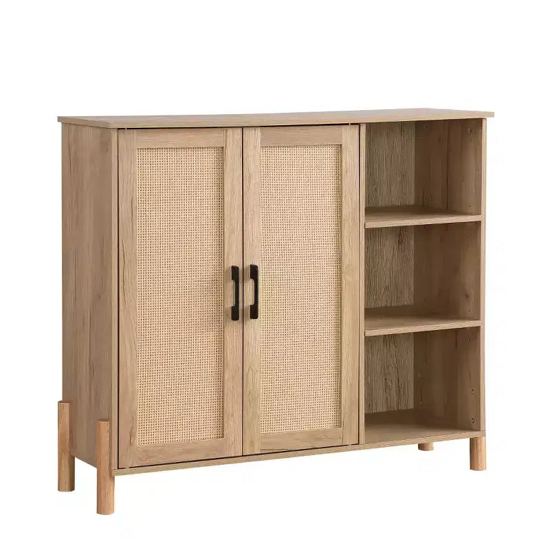 Meuble de rangement Mid-Century avec portes en rotin, étagères réglables, étagères ouvertes, meuble d'appoint Boho pour salon, entrée - Panipeachy