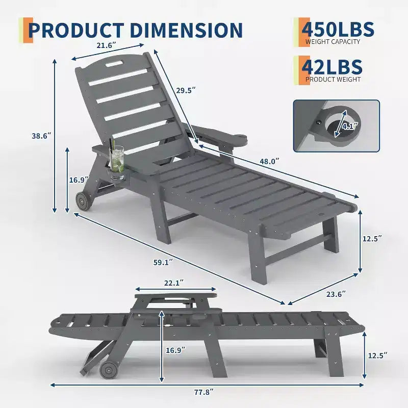 Chaise longue de patio 5 positions pour l'extérieur, chaise longue d'extérieur en HDPE avec porte-gobelet, chaise longue de piscine en résine avec roulettes