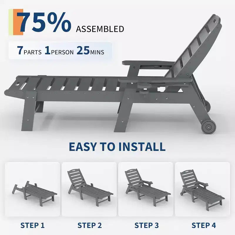 Chaise longue de patio 5 positions pour l'extérieur, chaise longue d'extérieur en HDPE avec porte-gobelet, chaise longue de piscine en résine avec roulettes
