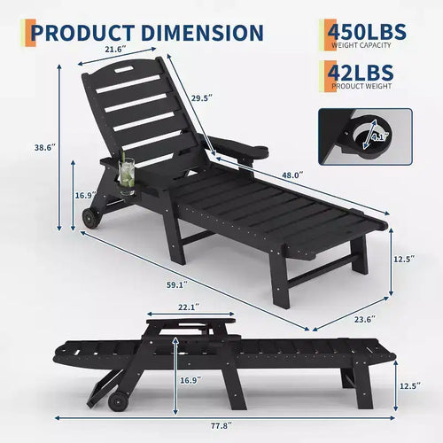 Chaise longue de patio 5 positions pour l'extérieur, chaise longue d'extérieur en HDPE avec porte-gobelet, chaise longue de piscine en résine avec roulettes