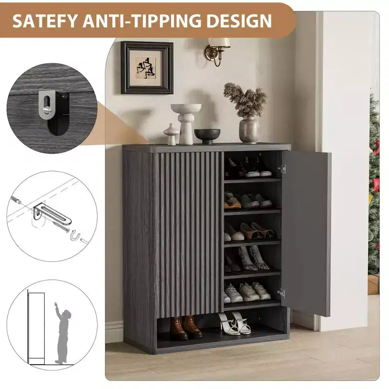 Meuble à chaussures COZONY 31.5 avec étagères réglables, armoire de rangement pour chaussures en bois avec portes cannelées pour entrée, salon