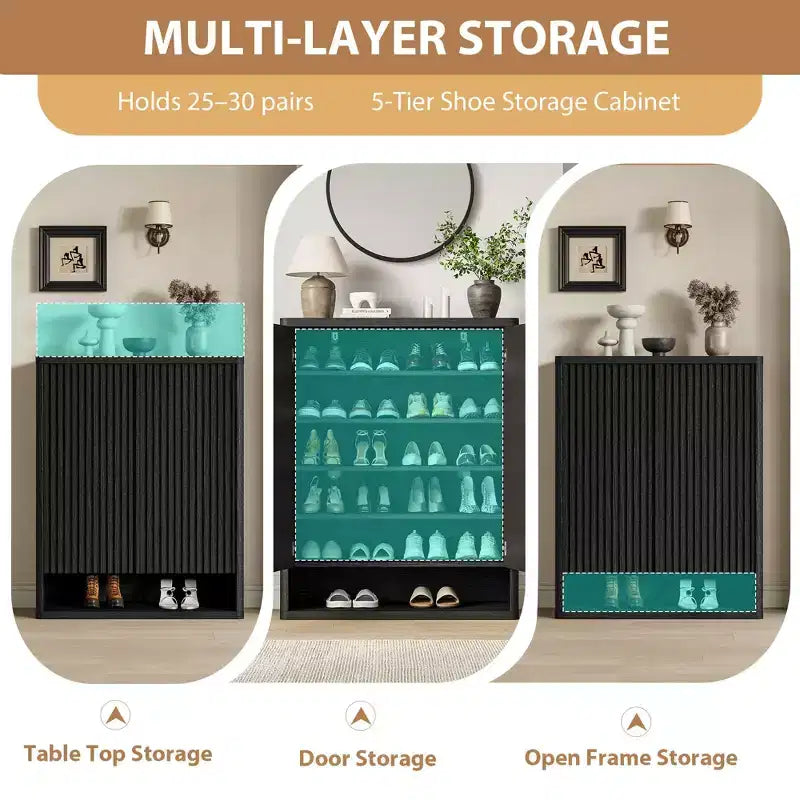 Meuble à chaussures COZONY 31.5 avec étagères réglables, armoire de rangement pour chaussures en bois avec portes cannelées pour entrée, salon