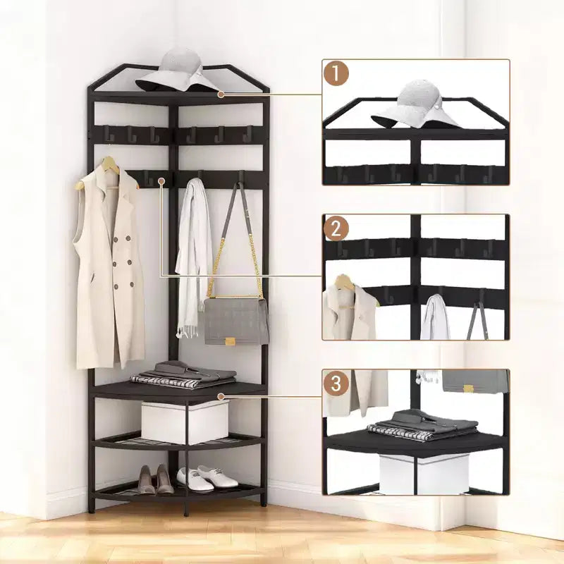 Porte-manteau d'angle avec rangement, arbre d'entrée simple avec étagères en maille, dispositifs anti-basculement, étagère à chaussures de rangement autoportante en métal, noir