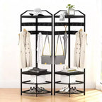 Porte-manteau d'angle avec rangement, arbre d'entrée simple avec étagères en maille, dispositifs anti-basculement, étagère à chaussures de rangement autoportante en métal, noir