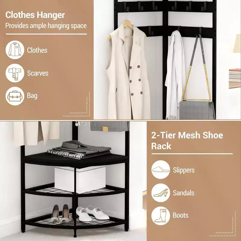 Porte-manteau d'angle avec rangement, arbre d'entrée simple avec étagères en maille, dispositifs anti-basculement, étagère à chaussures de rangement autoportante en métal, noir