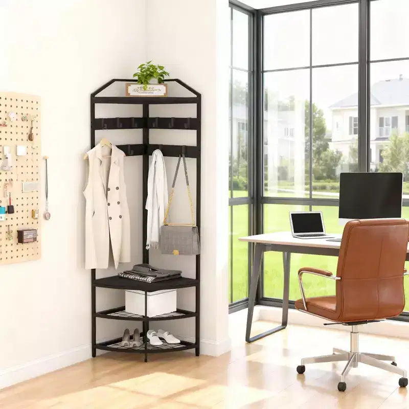 Porte-manteau d'angle avec rangement, arbre d'entrée simple avec étagères en maille, dispositifs anti-basculement, étagère à chaussures de rangement autoportante en métal, noir