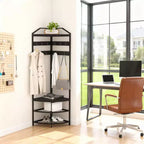 Porte-manteau d'angle avec rangement, arbre d'entrée simple avec étagères en maille, dispositifs anti-basculement, étagère à chaussures de rangement autoportante en métal, noir
