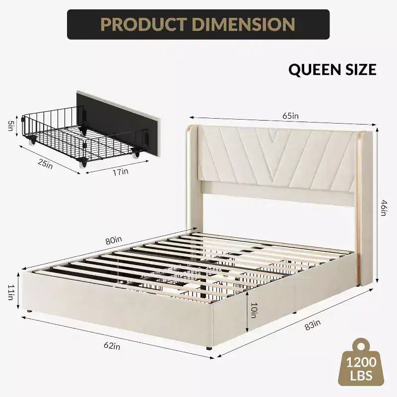 Cadre de lit Queen rembourré à LED avec rangement, lit plateforme en velours avec tête de lit à dossier capitonné et 4 tiroirs, aucun sommier tapissier requis