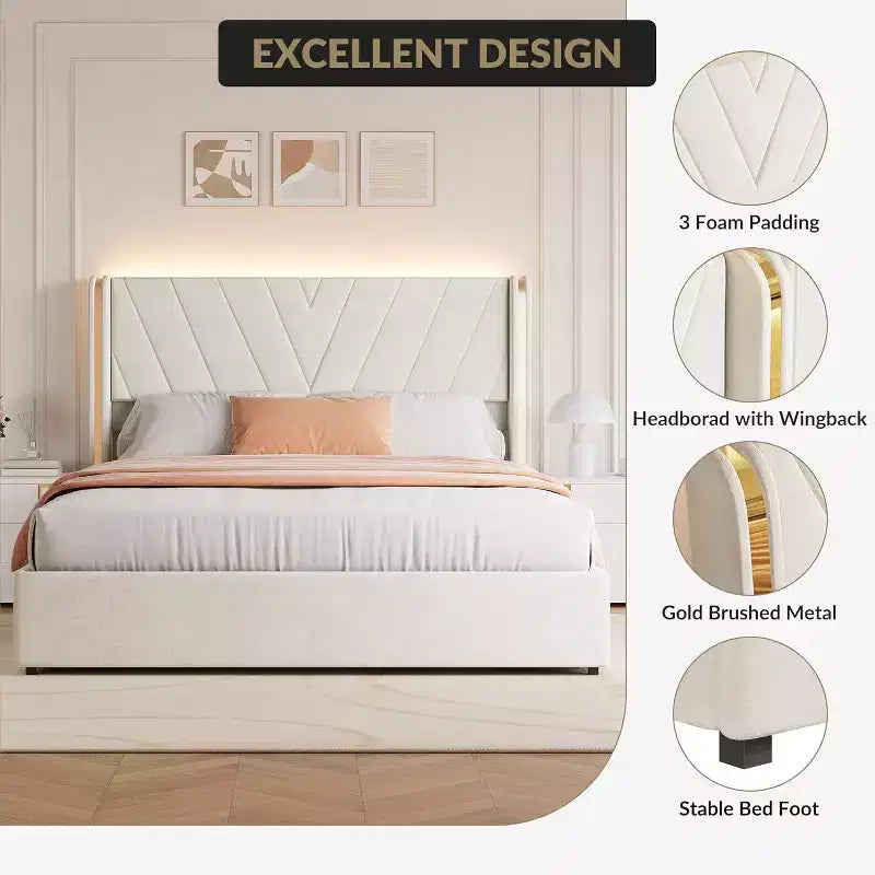 Cadre de lit Queen rembourré à LED avec rangement, lit plateforme en velours avec tête de lit à dossier capitonné et 4 tiroirs, aucun sommier tapissier requis