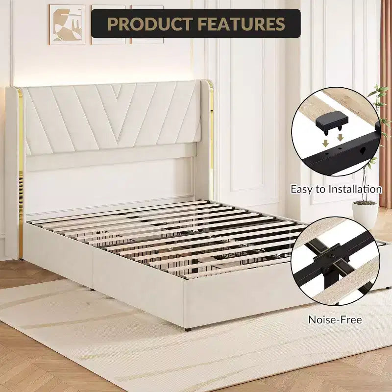 Cadre de lit Queen rembourré à LED avec rangement, lit plateforme en velours avec tête de lit à dossier capitonné et 4 tiroirs, aucun sommier tapissier requis