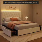 Cadre de lit Queen rembourré à LED avec rangement, lit plateforme en velours avec tête de lit à dossier capitonné et 4 tiroirs, aucun sommier tapissier requis