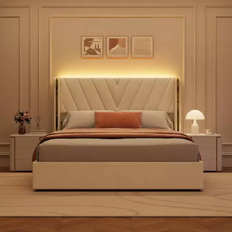 Cadre de lit Queen rembourré à LED avec rangement, lit plateforme en velours avec tête de lit à dossier capitonné et 4 tiroirs, aucun sommier tapissier requis