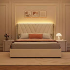Cadre de lit Queen rembourré à LED avec rangement, lit plateforme en velours avec tête de lit à dossier capitonné et 4 tiroirs, aucun sommier tapissier requis