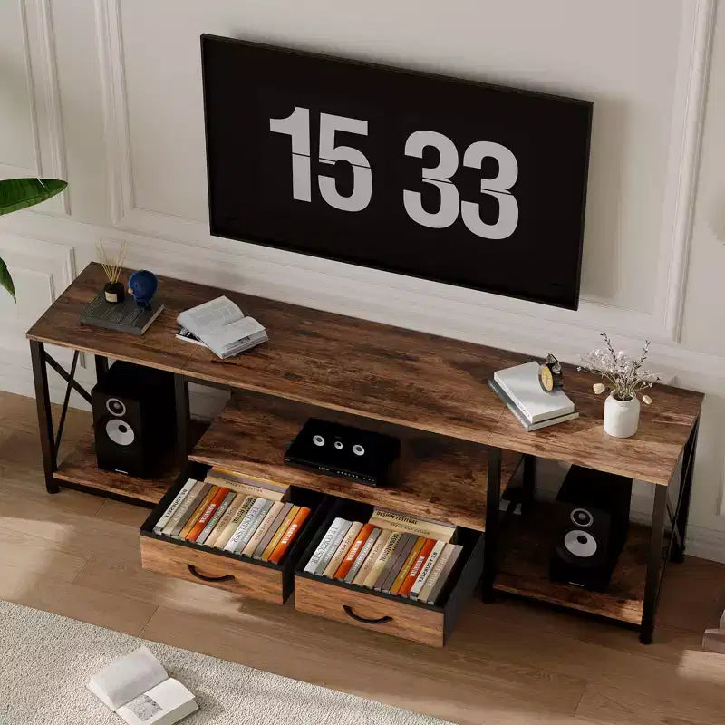 Meuble TV avec tiroirs en tissu pour TV 75 70 65 pouces, console TV, centre de divertissement avec étagères de rangement ouvertes pour salon, chambre, bureau