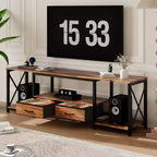 Meuble TV avec tiroirs en tissu pour TV 75 70 65 pouces, console TV, centre de divertissement avec étagères de rangement ouvertes pour salon, chambre, bureau