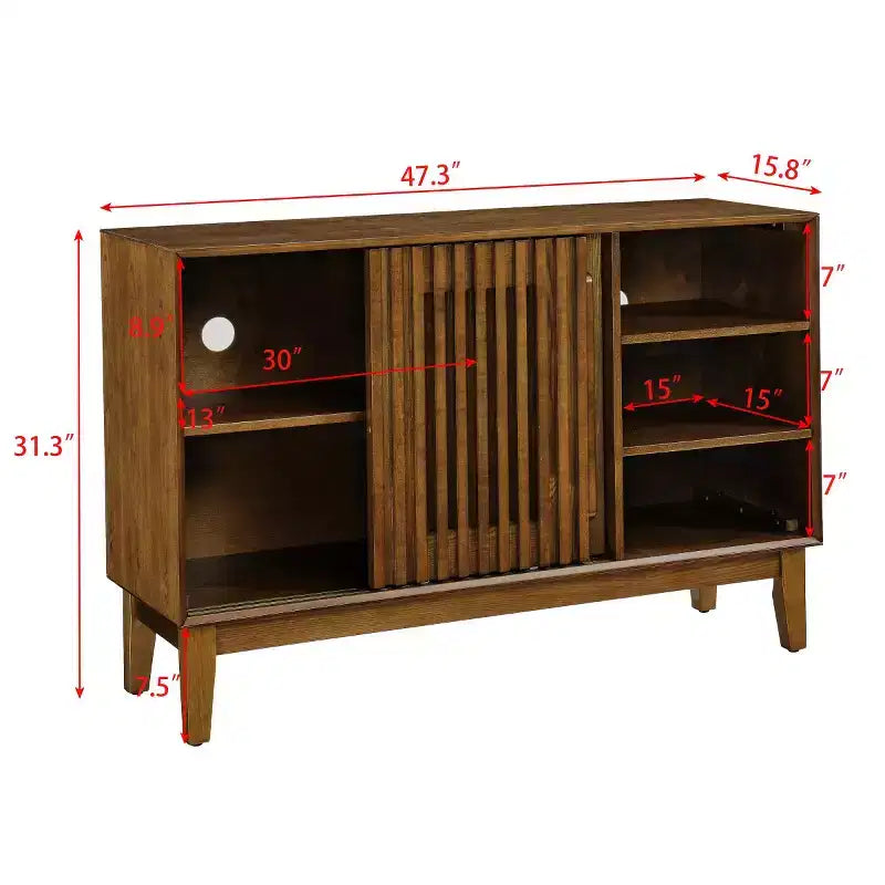 Meuble TV/buffet moderne du milieu du siècle de 119 cm, avec porte coulissante à lattes et pieds en bois massif - Panipeachy
