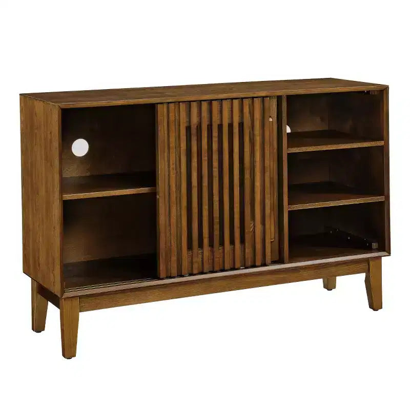 Meuble TV/buffet moderne du milieu du siècle de 119 cm, avec porte coulissante à lattes et pieds en bois massif - Panipeachy