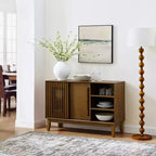 Meuble TV/buffet moderne du milieu du siècle de 119 cm, avec porte coulissante à lattes et pieds en bois massif - Panipeachy