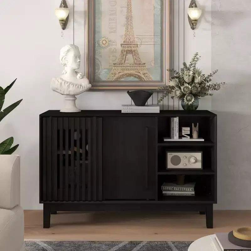 47 Mid-Century Modern Sideboard & TV Stand, Buffet Storage Cabinet with Sliding Slat Door, Solid Wood Legs - Panipeachy
