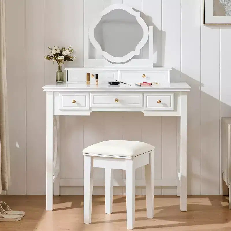 Table de maquillage GDFStudio Hailey avec miroir réversible, tabouret en similicuir et 5 tiroirs