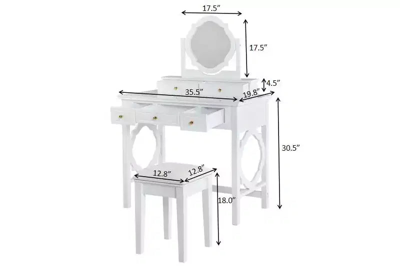 Table de maquillage GDFStudio Hailey avec miroir réversible, tabouret en similicuir et 5 tiroirs