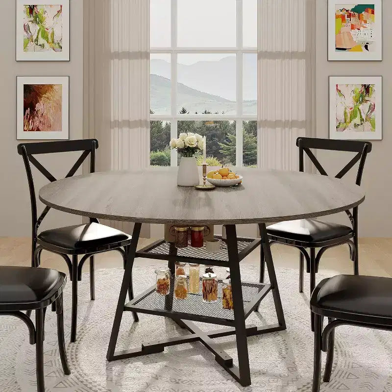 Table à manger ronde pour 4, Table de cuisine de 42 pouces avec étagère de rangement, Design de ferme en bois et métal, Table à manger familiale pour 4-6 personnes