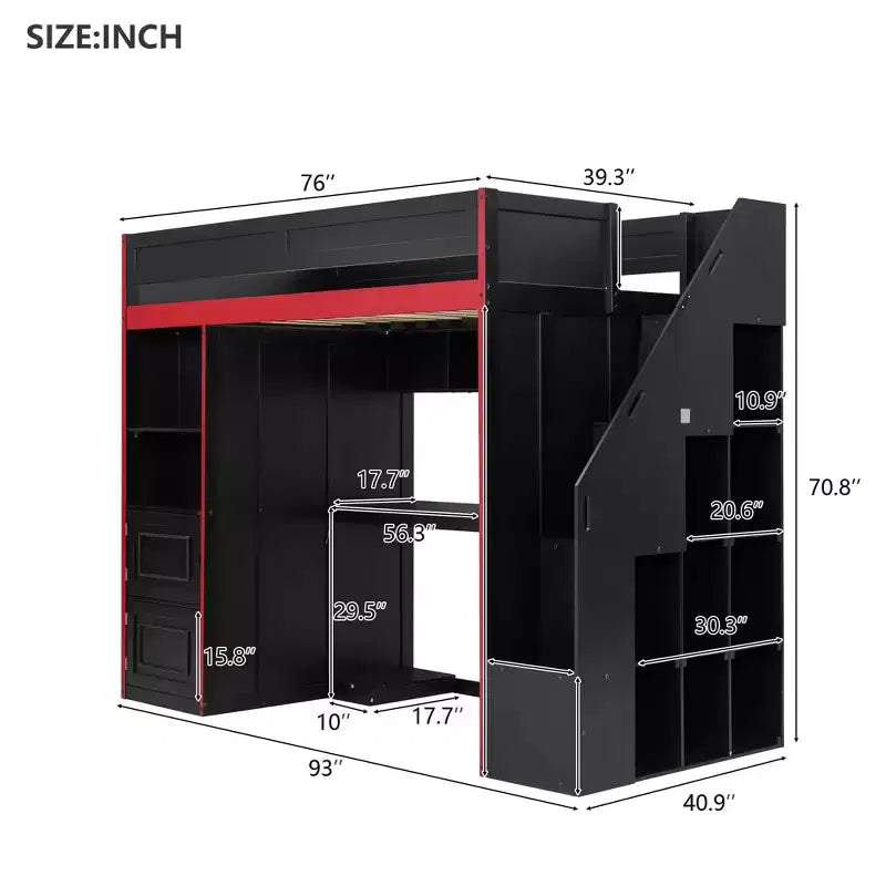 Lit mezzanine GDFStudio Barnes avec bureau et rangement, lumières LED