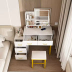 Coiffeuse de maquillage avec lumières LED 3 modes de couleur, table de toilette avec prise électrique, 5 tiroirs et chaise en métal pour chambre à coucher