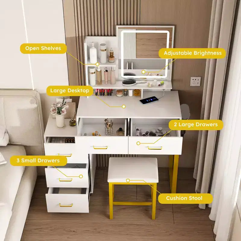 Coiffeuse de maquillage avec lumières LED 3 modes de couleur, table de toilette avec prise électrique, 5 tiroirs et chaise en métal pour chambre à coucher