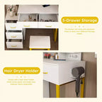 Coiffeuse de maquillage avec lumières LED 3 modes de couleur, table de toilette avec prise électrique, 5 tiroirs et chaise en métal pour chambre à coucher