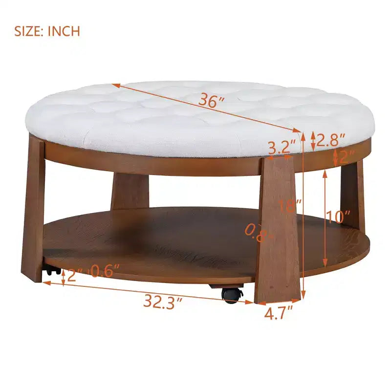 Table basse ottomane ronde, grande table basse rembourrée à 2 niveaux avec boutons touffetés et roulettes, repose-pieds ottoman en tissu imperméable pour salon
