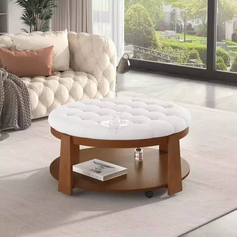 Table basse ottomane ronde, grande table basse rembourrée à 2 niveaux avec boutons touffetés et roulettes, repose-pieds ottoman en tissu imperméable pour salon