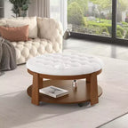Table basse ottomane ronde, grande table basse rembourrée à 2 niveaux avec boutons touffetés et roulettes, repose-pieds ottoman en tissu imperméable pour salon