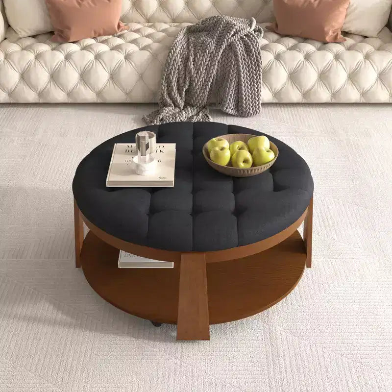 Table basse ottomane ronde, grande table basse rembourrée à 2 niveaux avec boutons touffetés et roulettes, repose-pieds ottoman en tissu imperméable pour salon