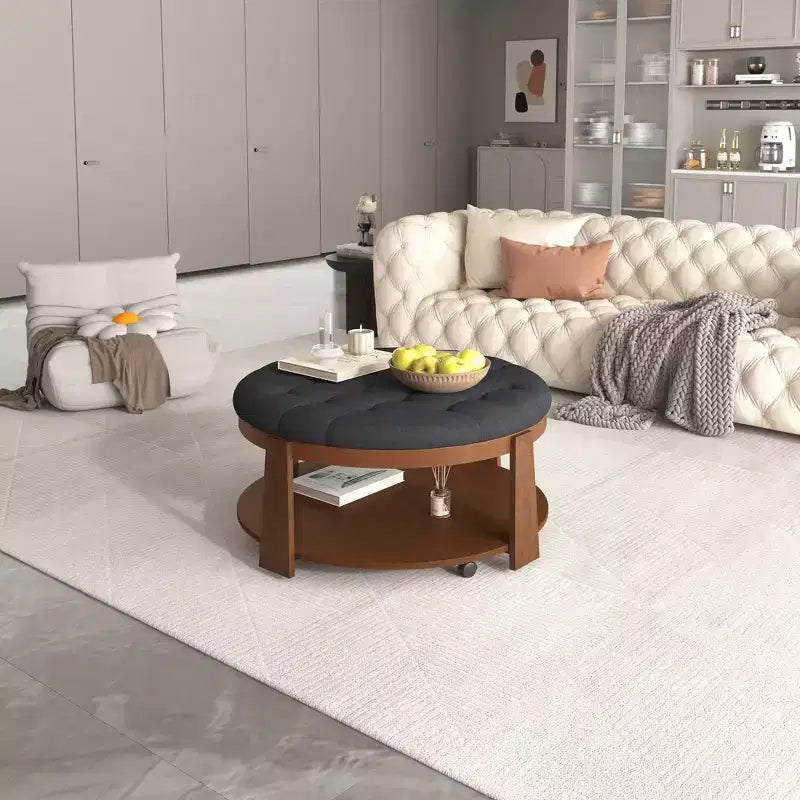 Table basse ottomane ronde, grande table basse rembourrée à 2 niveaux avec boutons touffetés et roulettes, repose-pieds ottoman en tissu imperméable pour salon