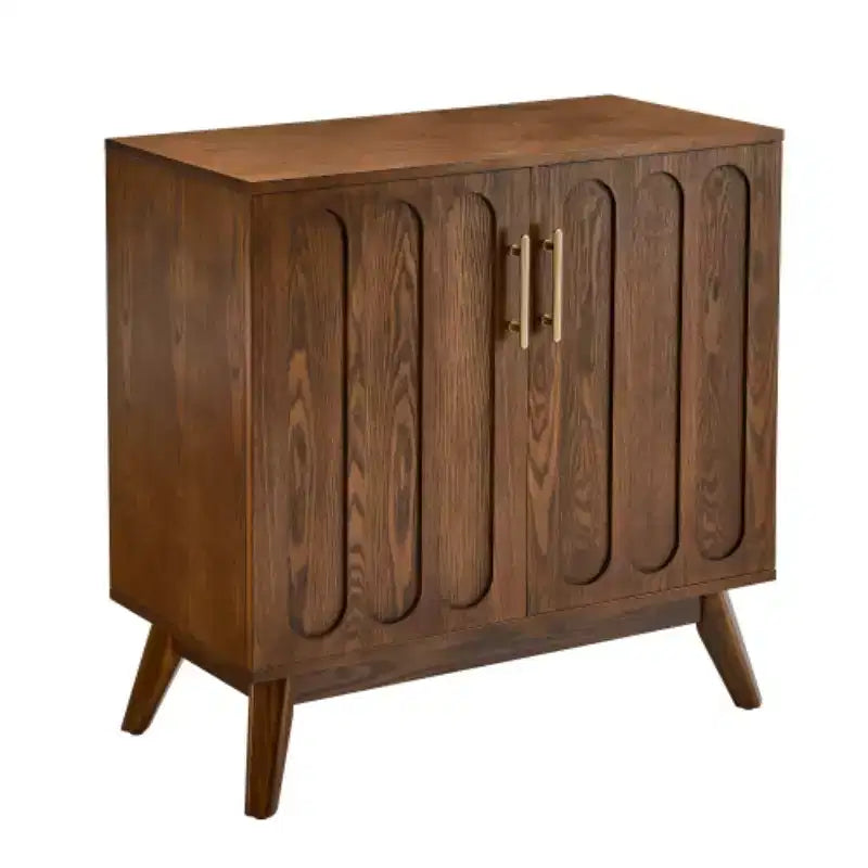 Meuble de rangement d'appoint cannelé de style moderne du milieu du siècle, petit buffet à 2 portes avec pieds en bois massif et poignées dorées - Panipeachy