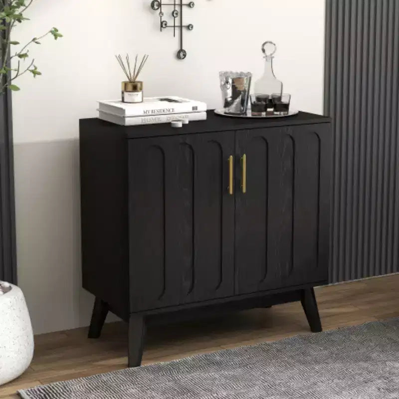 Meuble de rangement d'appoint cannelé de style moderne du milieu du siècle, petit buffet à 2 portes avec pieds en bois massif et poignées dorées - Panipeachy