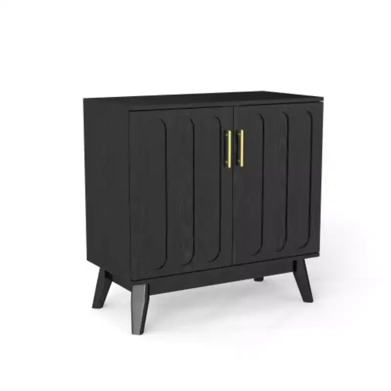 Meuble de rangement d'appoint cannelé de style moderne du milieu du siècle, petit buffet à 2 portes avec pieds en bois massif et poignées dorées - Panipeachy