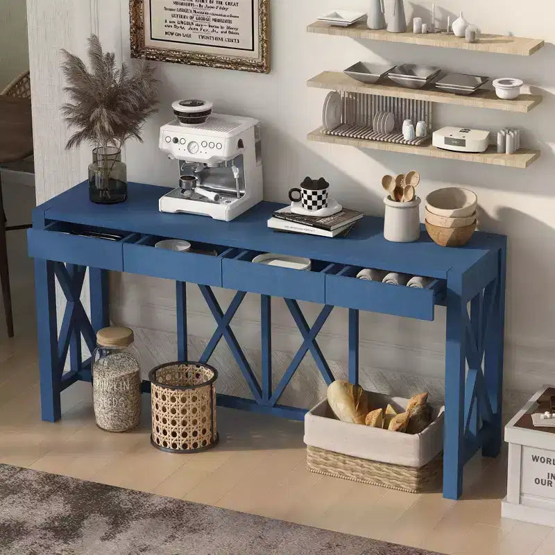 TUYOHW 60 Table Console en Bois d'Acacia avec 4 Tiroirs, Table d'Entrée de Ferme avec Pieds en X, Table d'Appoint Fine pour Salon, Cuisine, Couloir