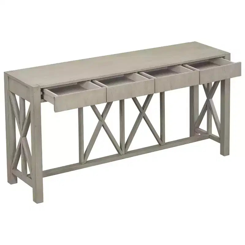 TUYOHW 60 Table Console en Bois d'Acacia avec 4 Tiroirs, Table d'Entrée de Ferme avec Pieds en X, Table d'Appoint Fine pour Salon, Cuisine, Couloir