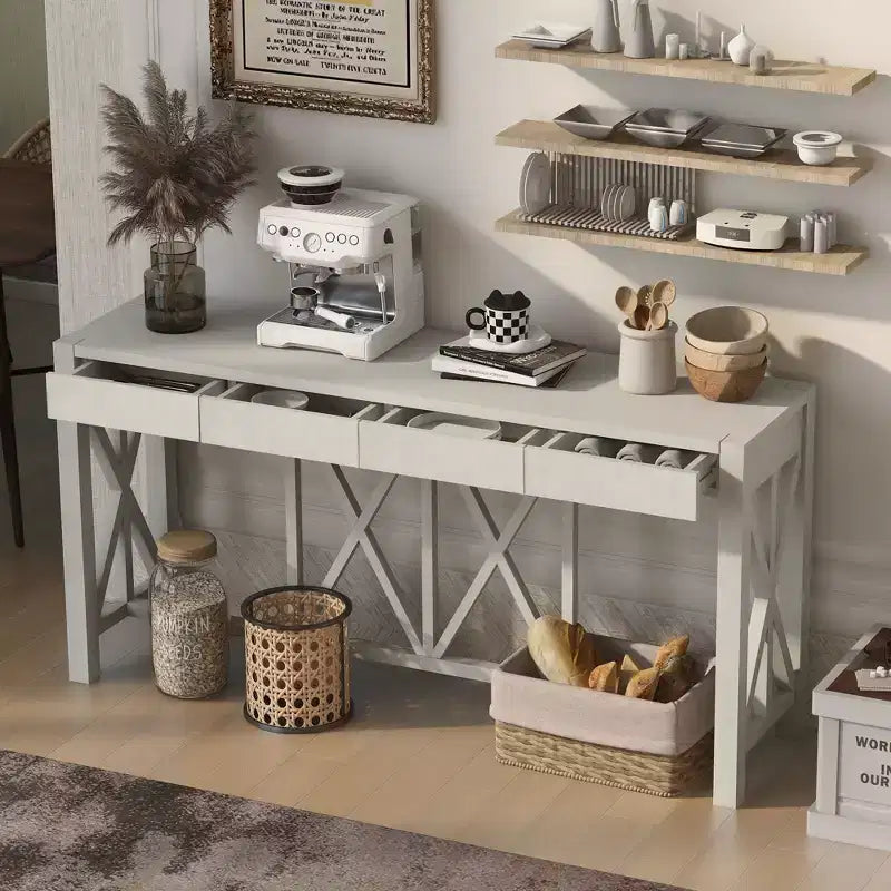 TUYOHW 60 Table Console en Bois d'Acacia avec 4 Tiroirs, Table d'Entrée de Ferme avec Pieds en X, Table d'Appoint Fine pour Salon, Cuisine, Couloir