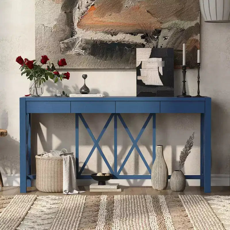 TUYOHW 60 Table Console en Bois d'Acacia avec 4 Tiroirs, Table d'Entrée de Ferme avec Pieds en X, Table d'Appoint Fine pour Salon, Cuisine, Couloir