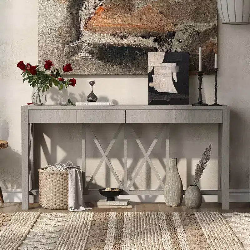 TUYOHW 60 Acacia Wood Console Table with 4 Drawers,Farmhouse Entryway Table with X-Leg Design,Slim Sofa Table for Living Room,Kitchen,Hallway