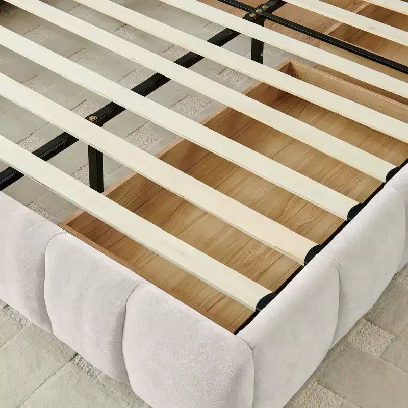 MAYEERTY Lit double king size capitonné avec tête de lit Cadre de lit solide avec tiroir pour chambre à coucher Beige