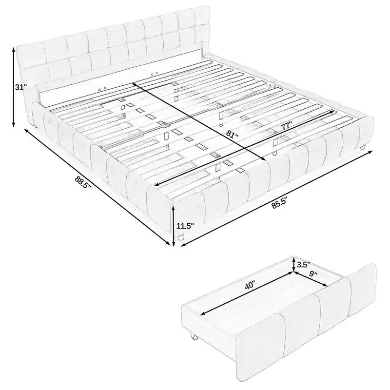 MAYEERTY Lit double king size capitonné avec tête de lit Cadre de lit solide avec tiroir pour chambre à coucher Beige