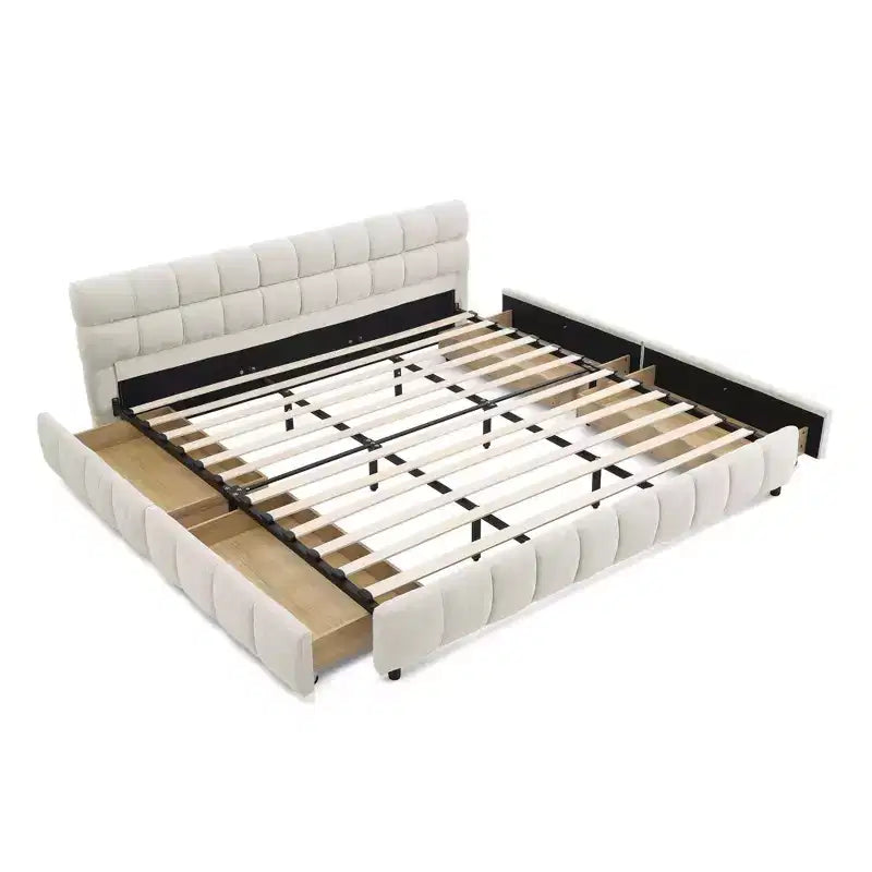 MAYEERTY Lit double king size capitonné avec tête de lit Cadre de lit solide avec tiroir pour chambre à coucher Beige